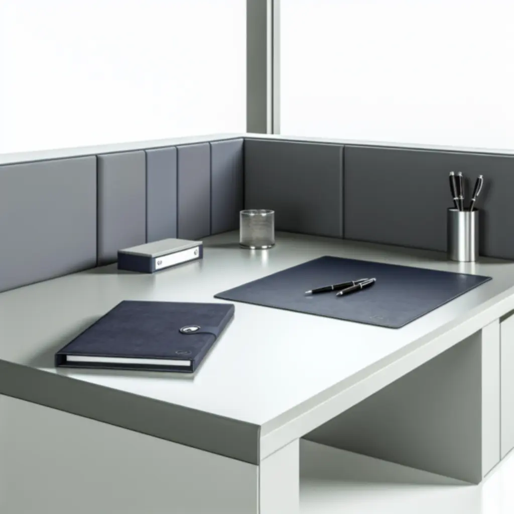 Minimalistyczne, zorganizowane stanowisko pracy z eleganckimi akcesoriami biurowymi